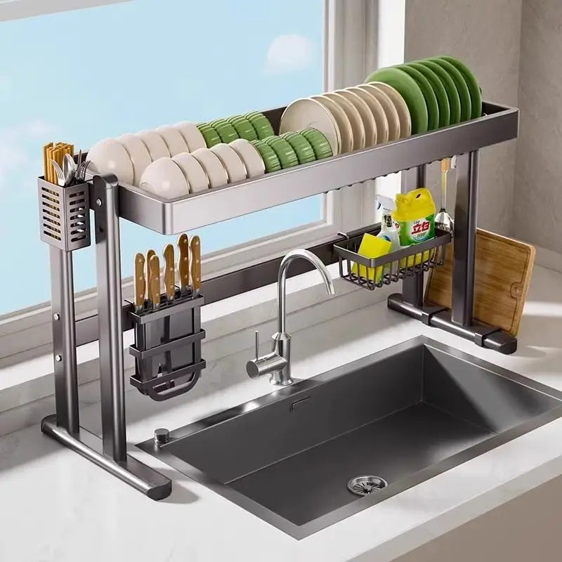 Over-the-Sink Dish Drying Rack Kitchen Sink Organizer Multifunctional Dishware Storage Shelf Space-Saving Plate and Bowl Holder